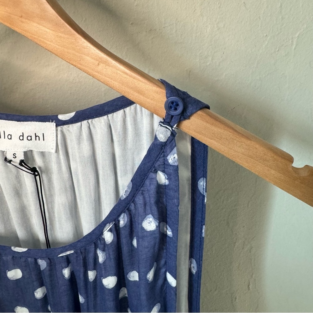 NWT BELLA DAHL Polka Dot Print Shirred Halter Dress In Navy Size Small - Picture 12 of 16